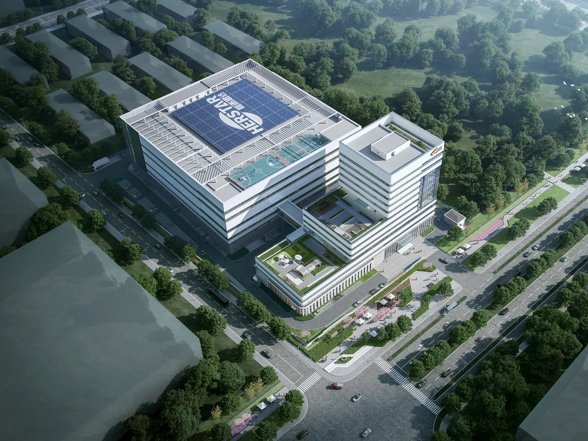 Aerial rendering of the new factory